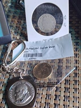 Silver Tone Religious Keychain with Coin Accent - Silver Barber Dime& Sealed Gol